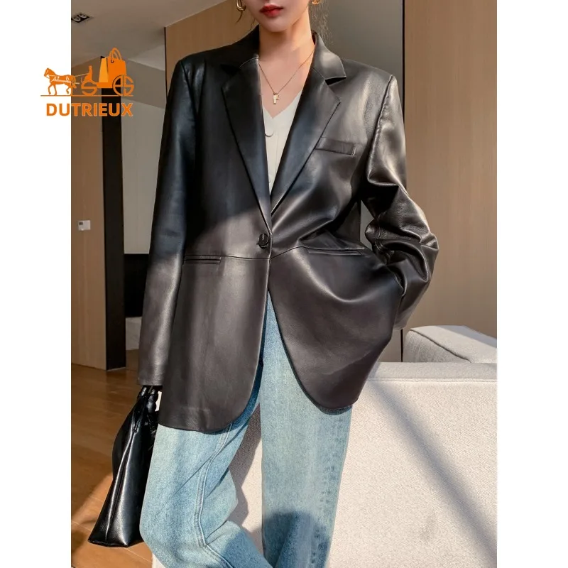 Nuovo abito da donna autunnale Giacca a vento di media lunghezza Silhouette Giacca in vera pelle, 100% vera pelle di pecora, cappotto letterario ed elegante