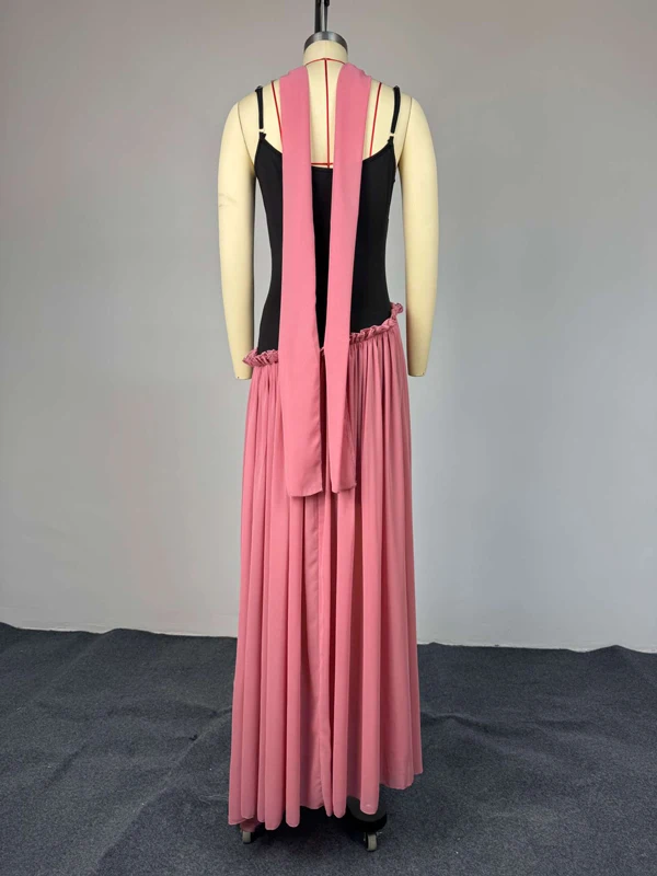 Damen Maxikleid mit Spaghettiträgern, Farbblock-Chiffon, langes Kleid mit Halter-Schal-Dekor, Rüschenbesatz, elegante Party- und Abendkleider – Detail 7