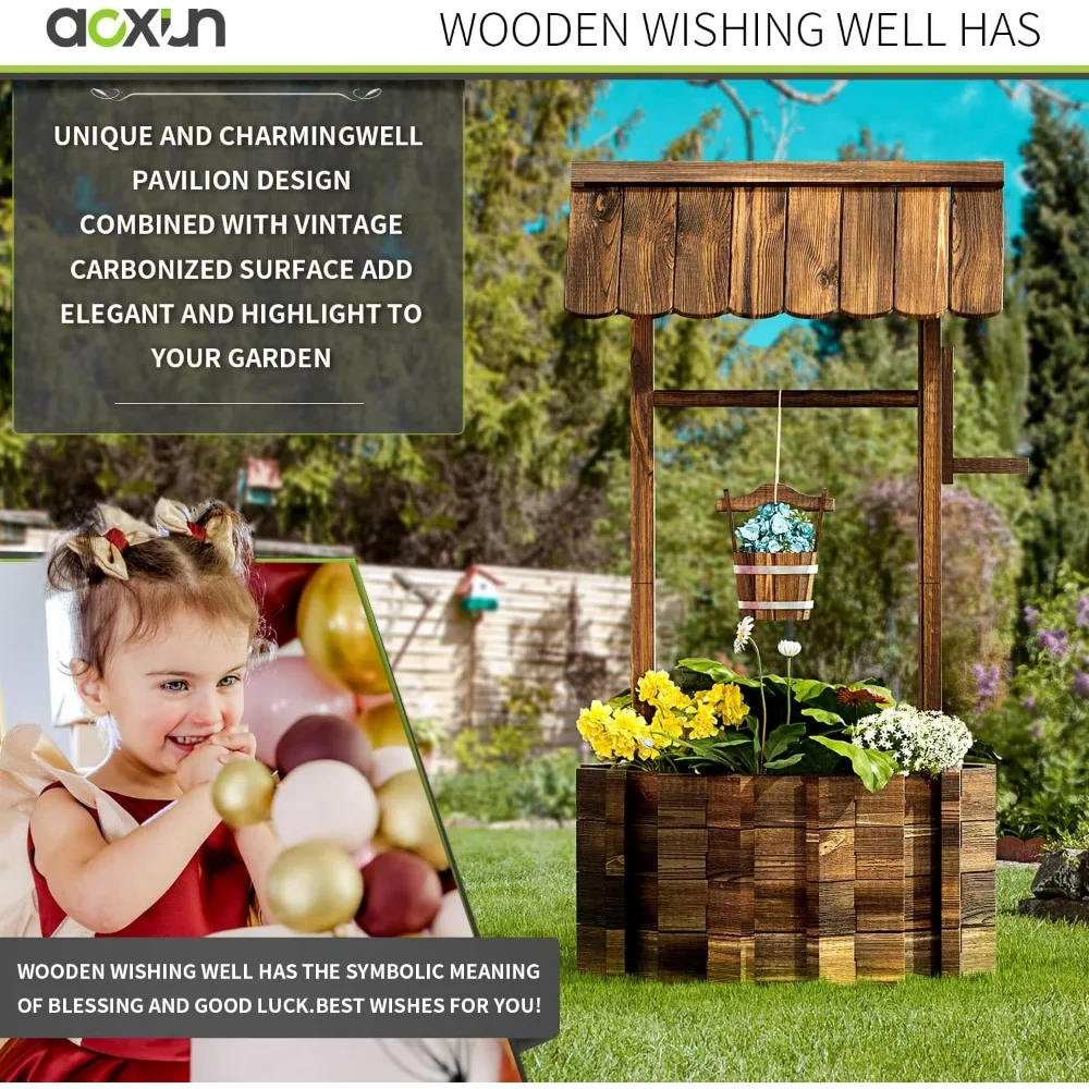 กระถางต้นไม้ทรงบ่อน้ำไม้แบบอัพเกรด, ของตกแต่งสวนกลางแจ้งสไตล์เรียบง่าย, ถังแขวน, ของตกแต่งสวนและลานบ้าน