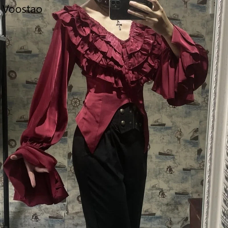 

Vintage Victorian Lolita Style Shirts Women Elegant Gothic V-Neck Flare Sleeve Blouses Female Y2k Aesthetic Casual Tops Blusas