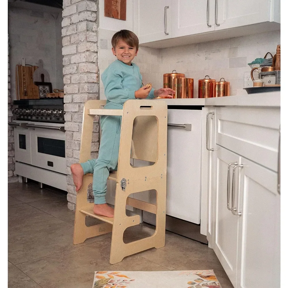 4-in-1 foldable kitchen tower with blackboard and toddler footstool suitable for children aged 18 months to 6 years old