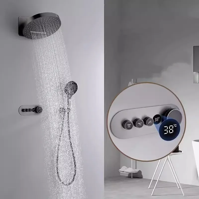 

Rainfall Shower Set Wall Mounted Gray Thermostatic Shower Faucet Set Digital Display Bathroom Bath & Shower Mixer Tap Brass