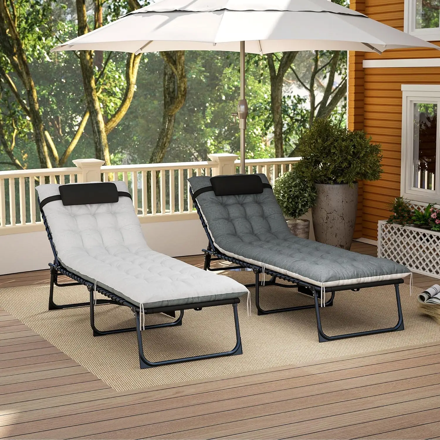 

5-Position Adjustable Outdoor Chaise Lounge Set 2 Folding Recliner Cushion Headrest Side Pocket Patio Yard Pool Beach Custom