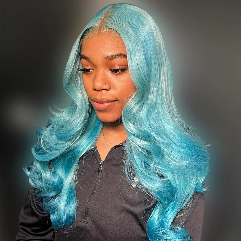 

Baby Blue Colored Glueless Human Hair Wigs Body Wave Lace Frontal Wigs Pre Plucked 5x5 Lace Closure Wig For Women 200% Density