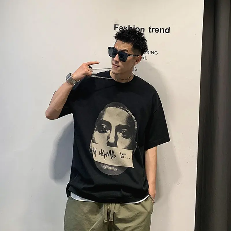 

Korean men's handsome hip hop short-sleeved T-shirt men's summer loose five-quarter sleeve T-shirt ins trend men clothing tops