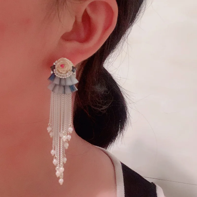 Baroque Vintage Rose Ruffled Tulle Tassel Chain Drop Earrings Two Tone Chandelier earrings Romantic Statement Jewelry