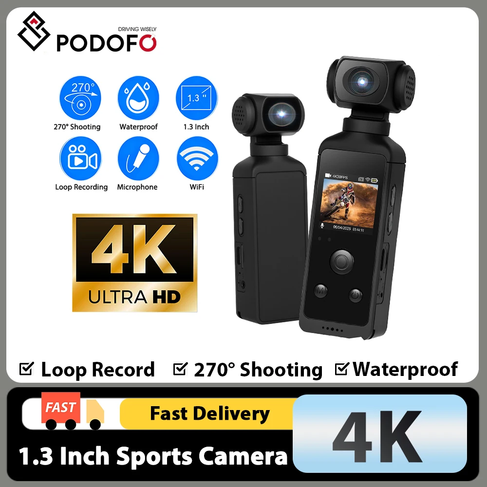 Podofo 1,3-Zoll 4K HD Mini-Handkamera mit Nachtsicht, WLAN, digitale tragbare Taschenkamera, tragbare Outdoor-Sportkamera mit TF-Karte
