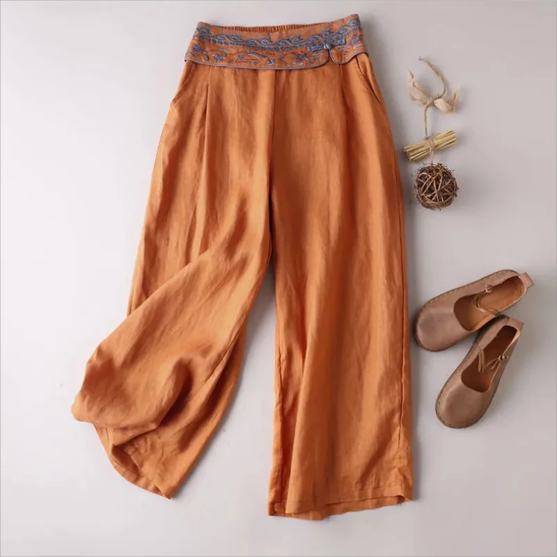 

2024 Chinese-style cotton hemp Literary and artistic embroidery summer wide-leg pants cotton hemp straight leg pants