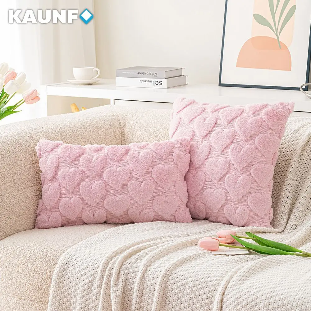 Cute Pink Cushion Covers for Sofa Living Room Heart Fluffy Plush Pillowcases Soft Fufu Valentine's Day Decor 18x18 Inches 1PC