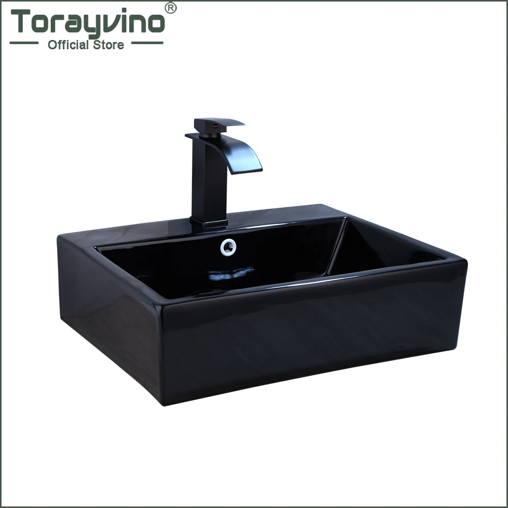 

Torayvino Black Square Ceramic Bathroom Washbasin Faucet Vessel Lavatory Waterfall Faucet With Pop Drain Mixer Water Tap Set