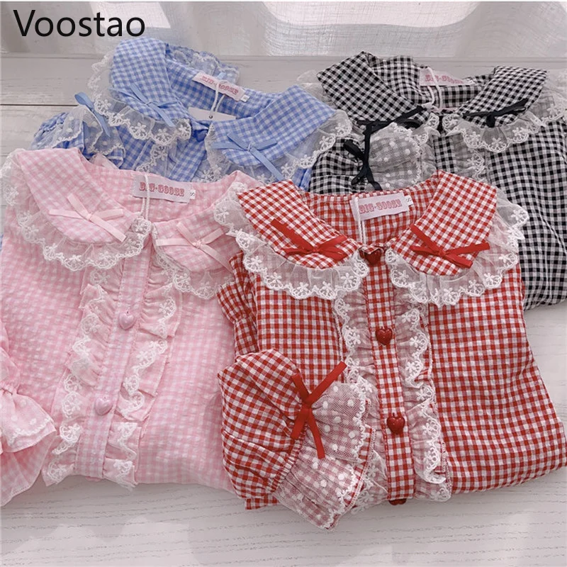 Sweet Lolita Style Blouses Gothic Women Kawaii Bow Lace Ruffles Long Sleeve Plaid JK Shirts Girly Harajuku Y2K Cute Blusas Mujer