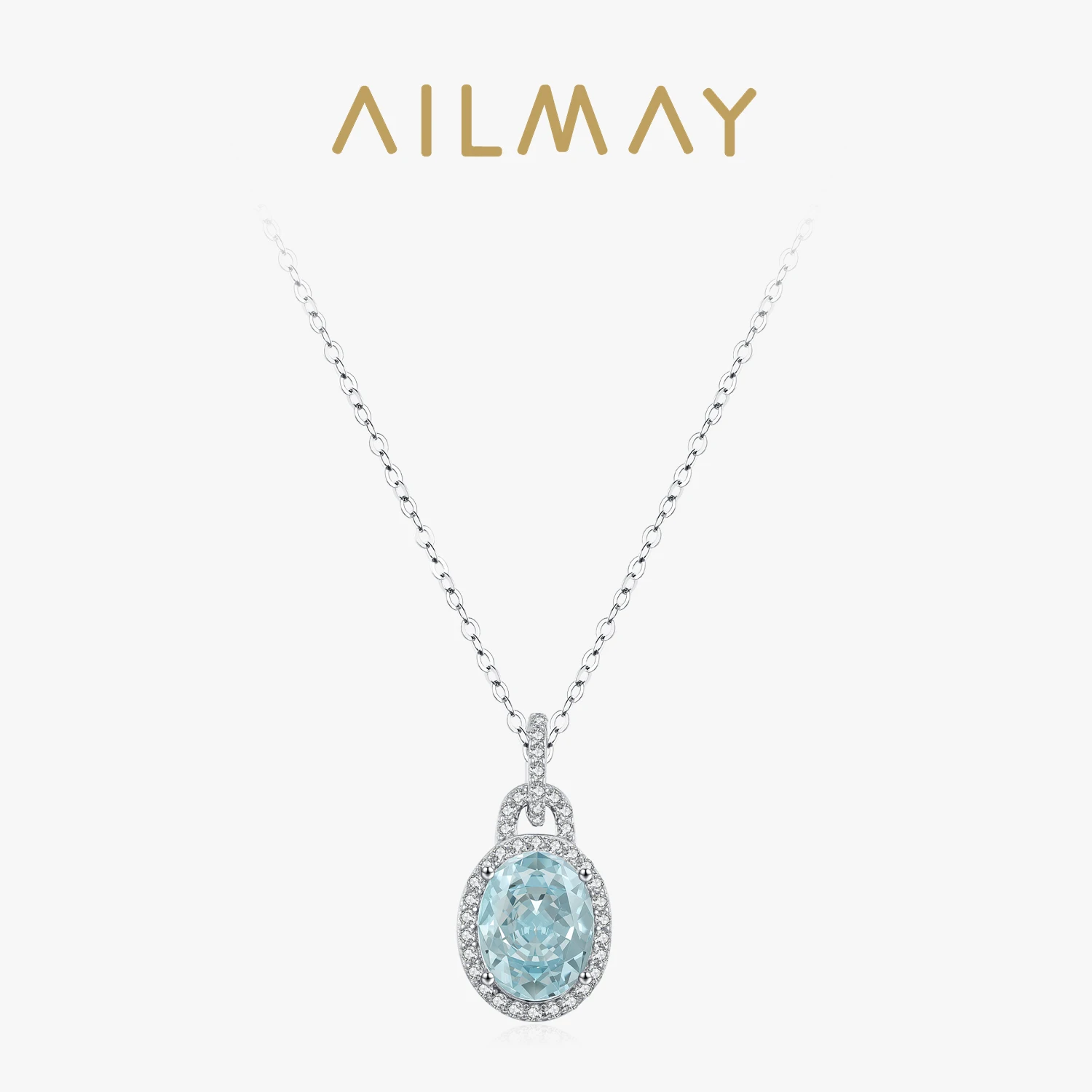 Ailmay 925 Sterling Silver Luxury Ice Flower Cut Aquamarine Pendants Necklace with Temperament Sweet Women's Necklaces Eternity