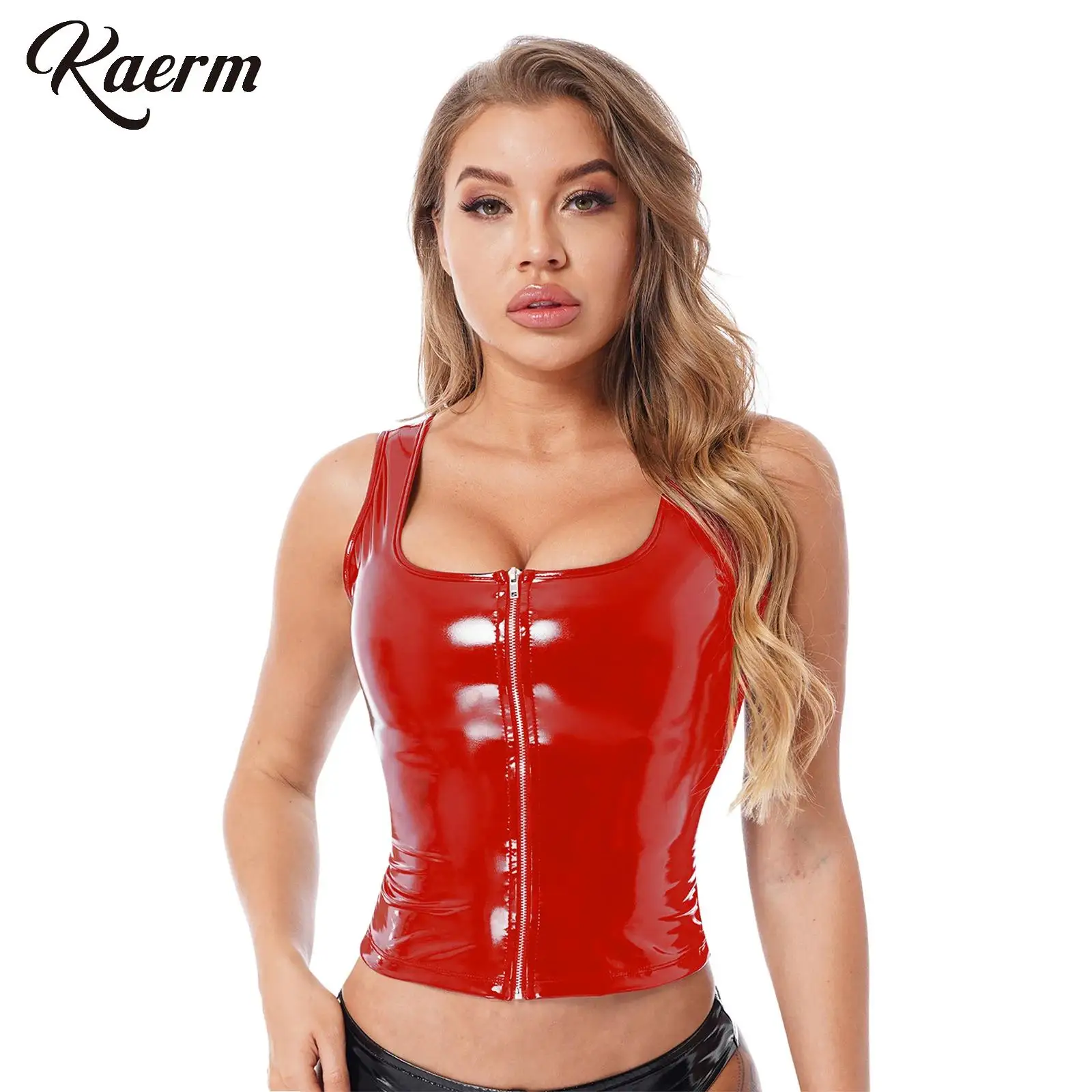 

Women Fashion Tank Top Glossy Patent Leather Crop Top Solid Color Wet Look U Neck Sleeveless Zipper Vest for Club Pole Dancing
