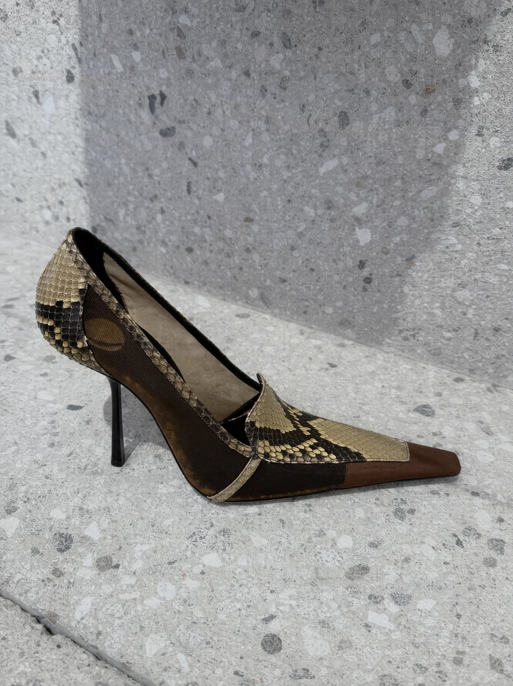 Elegant Mixed Design Snake Print High Heel Pumps Brown Upper Small Square-Toe Stiletto Heels Fashion Daily Shoes