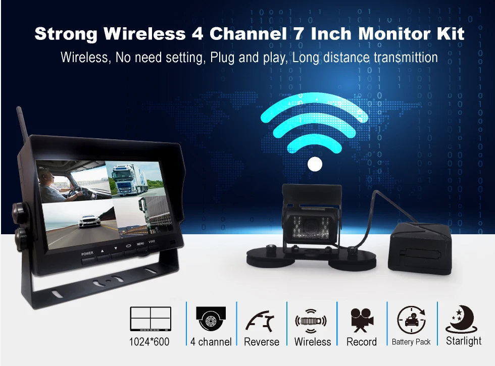 7-Inch TFT LCD Car Monitor with 4 Camera Backup System for Truck Van Coach Bus Rearview Mirror Type Desktop Placement