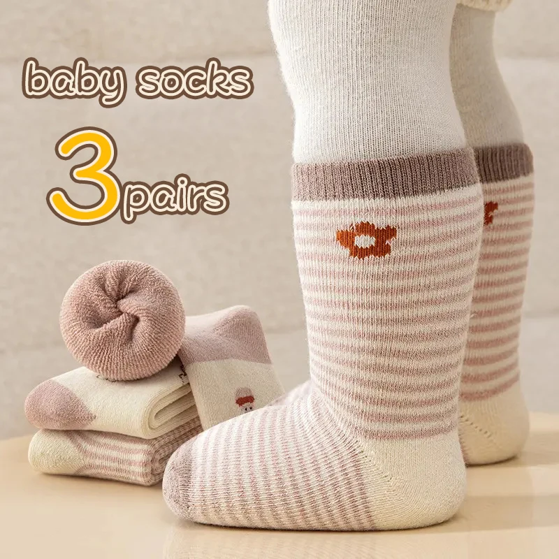 5Pairs Winter Baby Plush Socks Fashion Striped Newborn Mid Tube Sock Thick Velvet Children Warm Sock 0-3Year Thermal Footwear