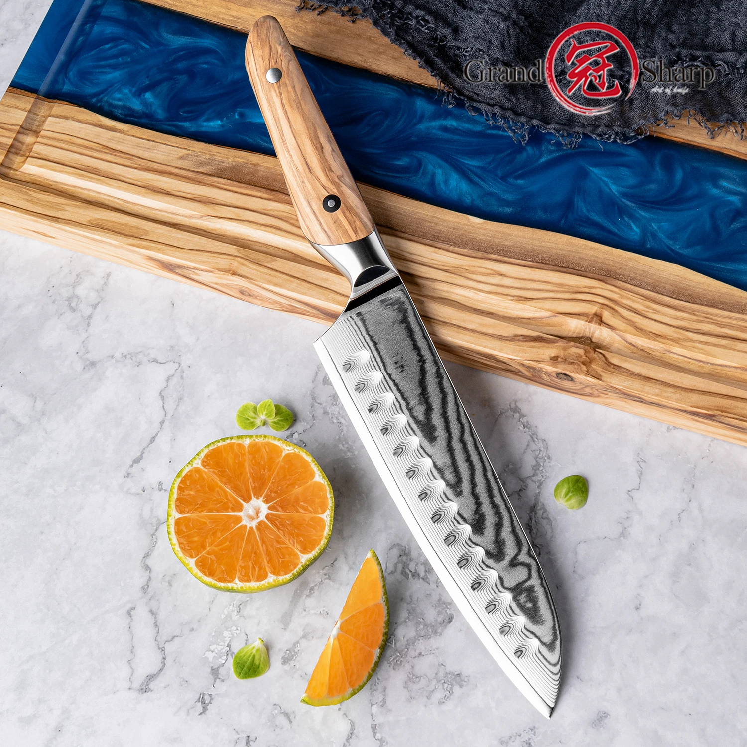 

Grandsharp 7,4-дюймовый нож Santoku 67 слоев AUS-10 из дамасской стали с ручкой из оливкового дерева, резак для приготовления мяса и овощей с подарочной коробкой