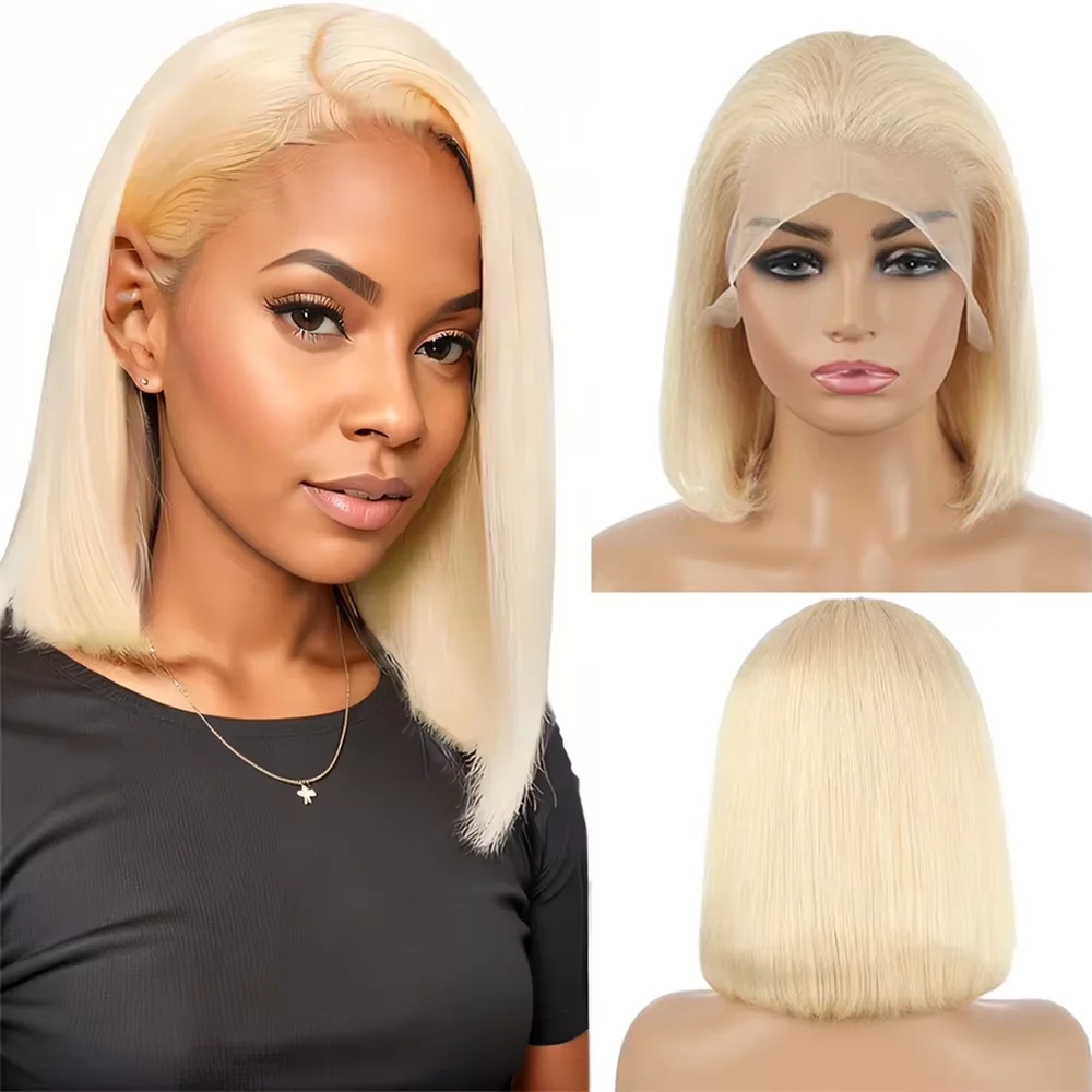 613 em linha reta curto cabelo humano bob peruca 5x5 perucas dianteiras do laço transparente 200 densidade loira bob peruca pré arrancado nós descorados