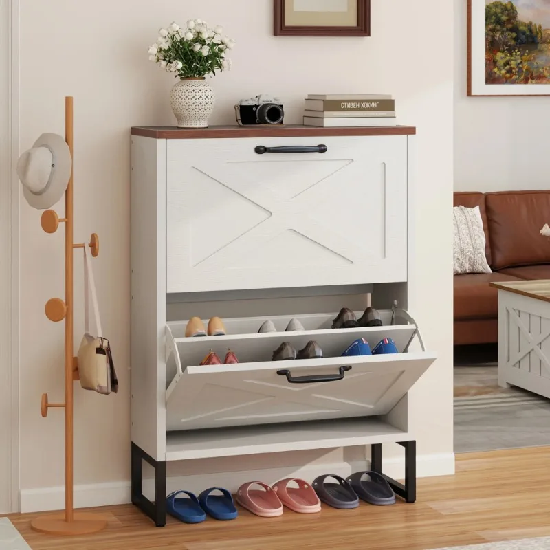 

Shoe Cabinet with 2 Flip Drawers, Free Standing Shoe Racks Storage Cabinet with Metal Legs , Famhouse Shoe Rack Organizer
