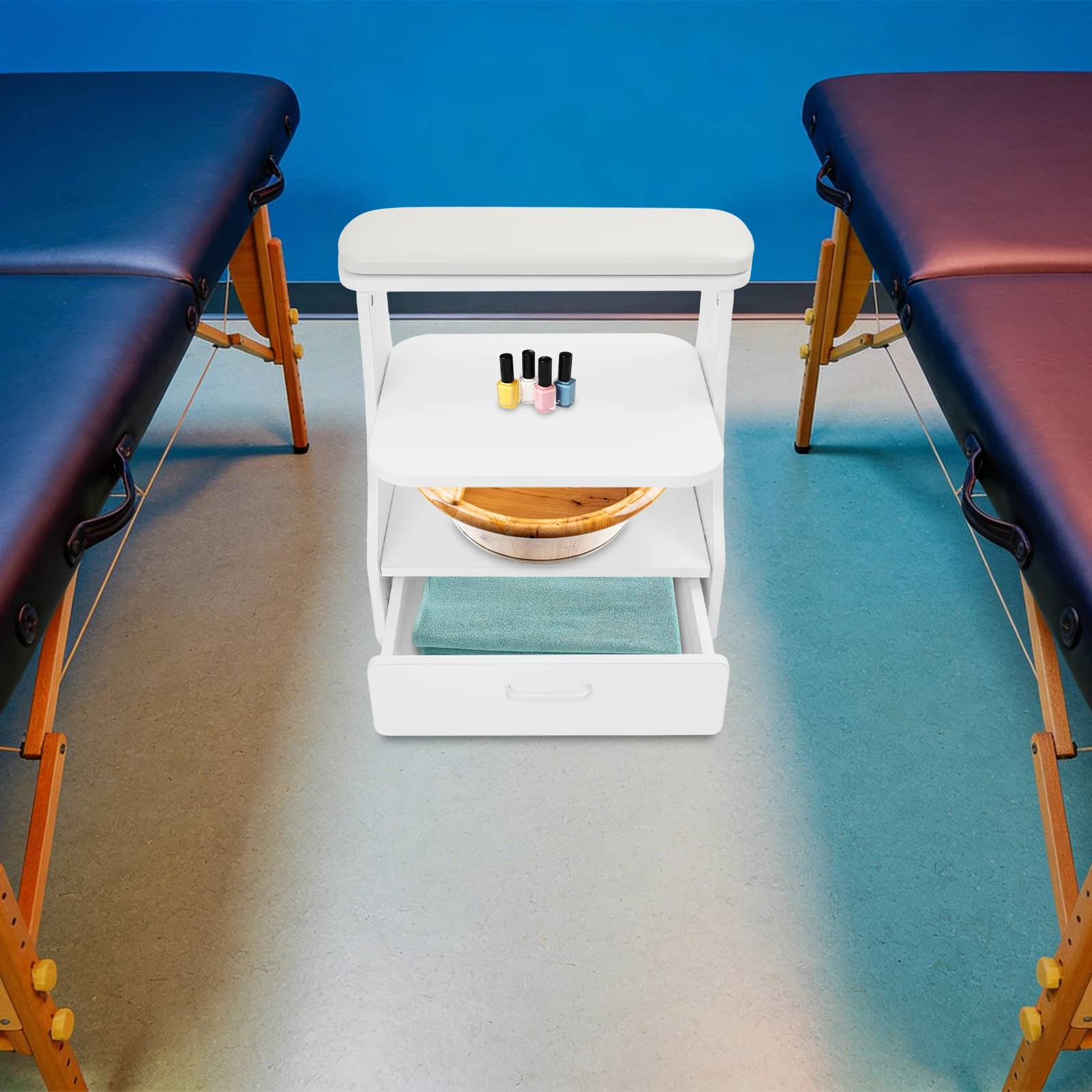 Chariot de manucure et pédicure portable en MDF avec coussin repose-pieds, roulettes universelles verrouillables, chariot de rangement à 3 niveaux pour salon de beauté, tiroir de rangement, armoire organisatrice d'outils d'esthétique et de spa, blanc, pour soins des ongles, pédicure, massage, soins des orteils, capacité de charge lourde 50 kg, facile à nettoyer, pour salon de beauté