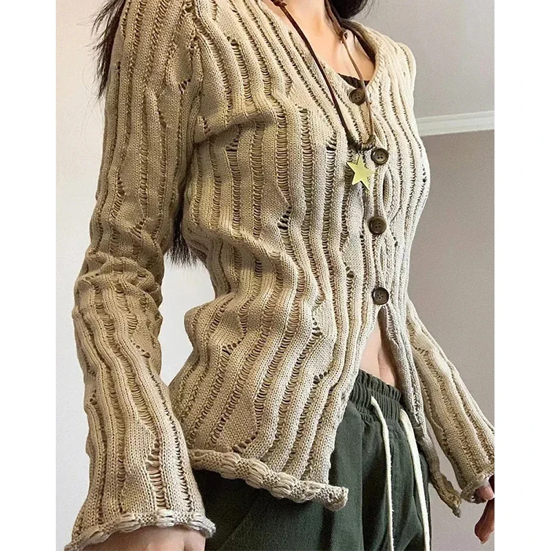 Y2K Hole Knitted Cardigan Women Streetwear Hollow Out Sweater Coat Harajuku Vintage V Neck Tunic Knitwear Korean Slim Jumper Top