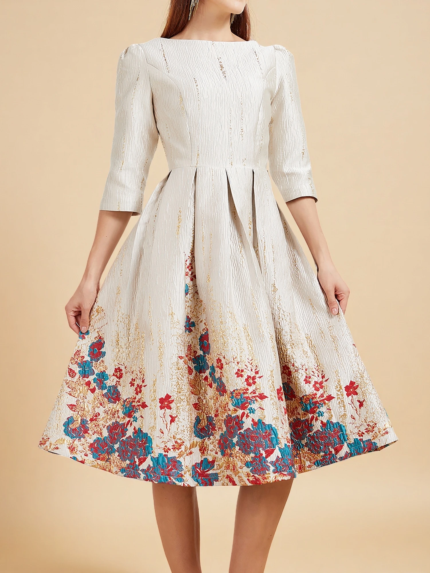 DEVCHATA Autunno Inverno Donne di Lusso Abito a Metà Polpaccio Stile Inghilterra Nuovo Floreale Moda Jacquard Partito Vita Sottile Al Ginocchio Abiti