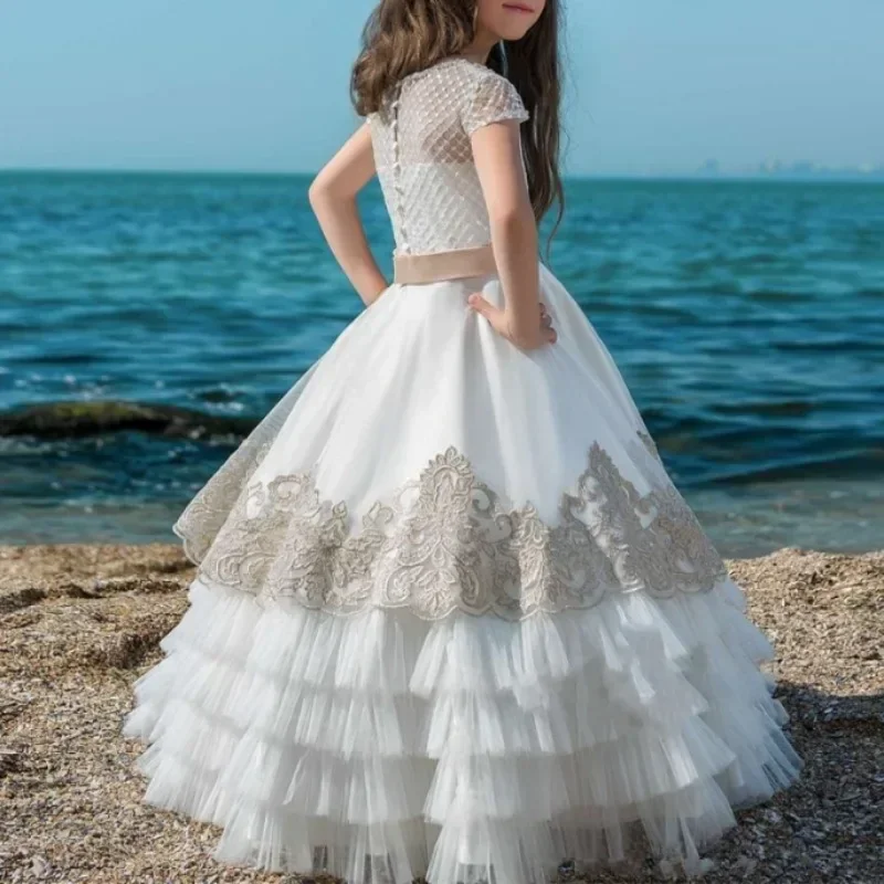 Flower Girl Dresses Lace O-Neck Floor-Length Baby Girl Wedding Princess Pageant Birthday Party First Communion Gown