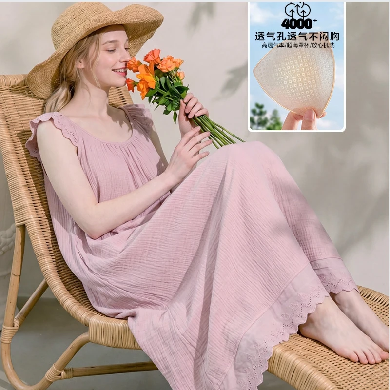 10A antibacterial suspender nightgown with cool feeling, made of pure cotton with chest cushion for home wear, summer breathable