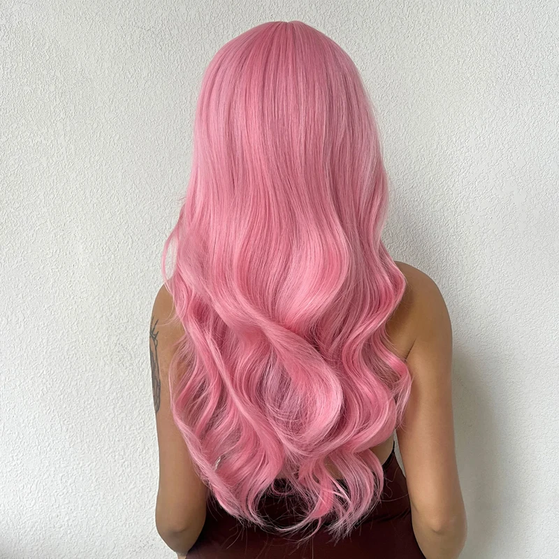 Synthetic Wigs for White Women Lolita Cosplay Use Long Pink Wavy Wig with Bangs Heat Resistant Wigs Natural Looking Party