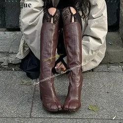 Knee High Brown Leather Slim Tabi Boots Thick Heel Shoes For Women Side Zipper Split Toe 2024 Modne Zapatos Para Mujere