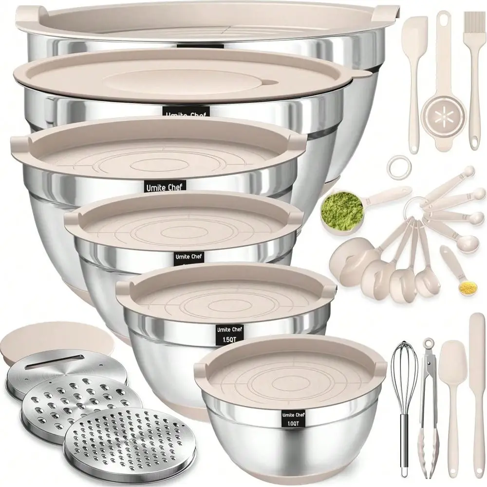 

Mixing Bowls With Airtight Lids Set, 26PCS Stainless Steel Khaki Bowls With Grater Attachments, NonSlip Bottoms Kitchen Gadgets