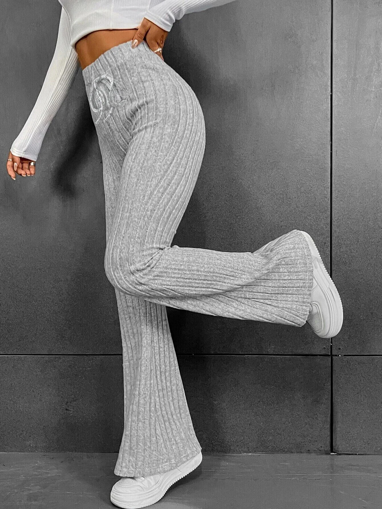 Women Ribbed Knit Flared Yoga Pants High Waist Drawstring Butt Lifting Stretch Bell Bottom Leggings Soft Lounge Gym Fitness Work