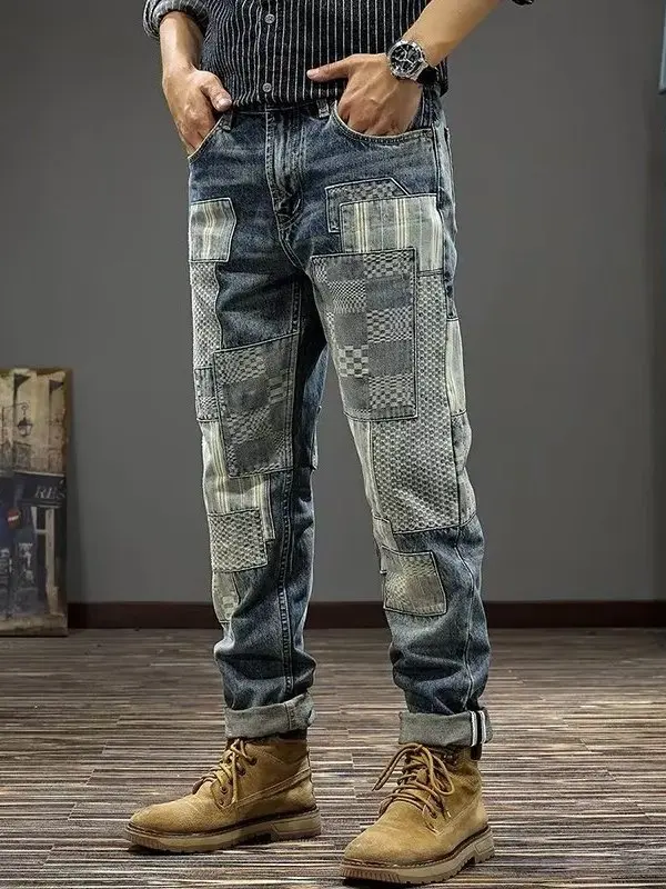 

Retro Distressed American Patchwork Loose Straight Casual Long Jeans Men's Trendy Brand Spring Autumn Denim Pants