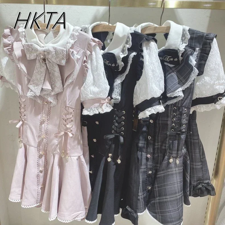 Japanese Mine Series Dress Set Lolita Autumn New Rhinestone Buckle Big Bow Lace Short Sleeve Shirt Dress and Shorts 2 Peice Set