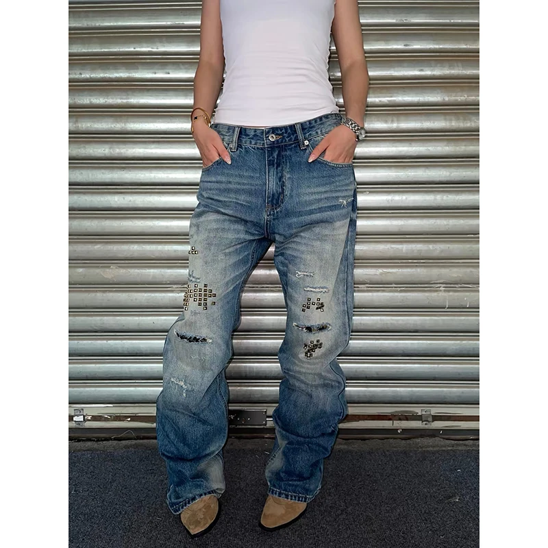 YIBASHU Autumn Women's Low Rise Flare Jeans Punk Blue Denim Pants Academia Gothic Rivet Abi Y2K Japanese Harajuku Bell Bottom