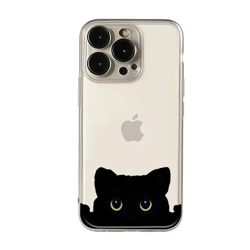 حافظة هاتف محمول لطيفة على شكل قطة سوداء مناسبة لهاتف iPhone17Promax شفافة لهاتف Apple 16Pro Space 14/15