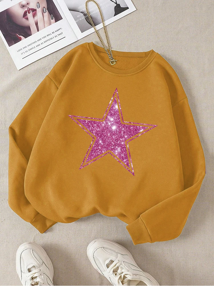 Pink Five-Pointed Star Print Sweatshirt Female Fashion Fleece Warm Hoody Autumn Crewneck Hoodies Casual Retro Sportswear Women