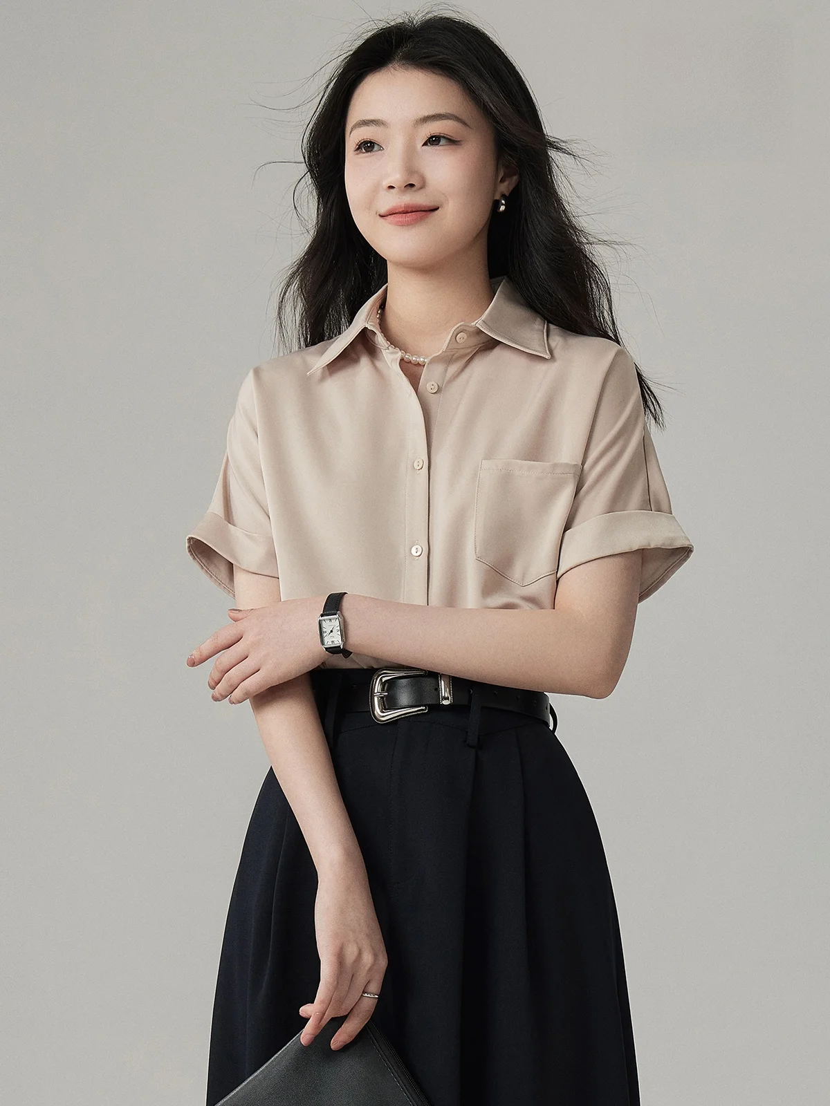 

Yake Home Summer Short Sleeve Satin Shirt Women's Professional Commute Interview Style Straight Cut Button down Polyester Blend