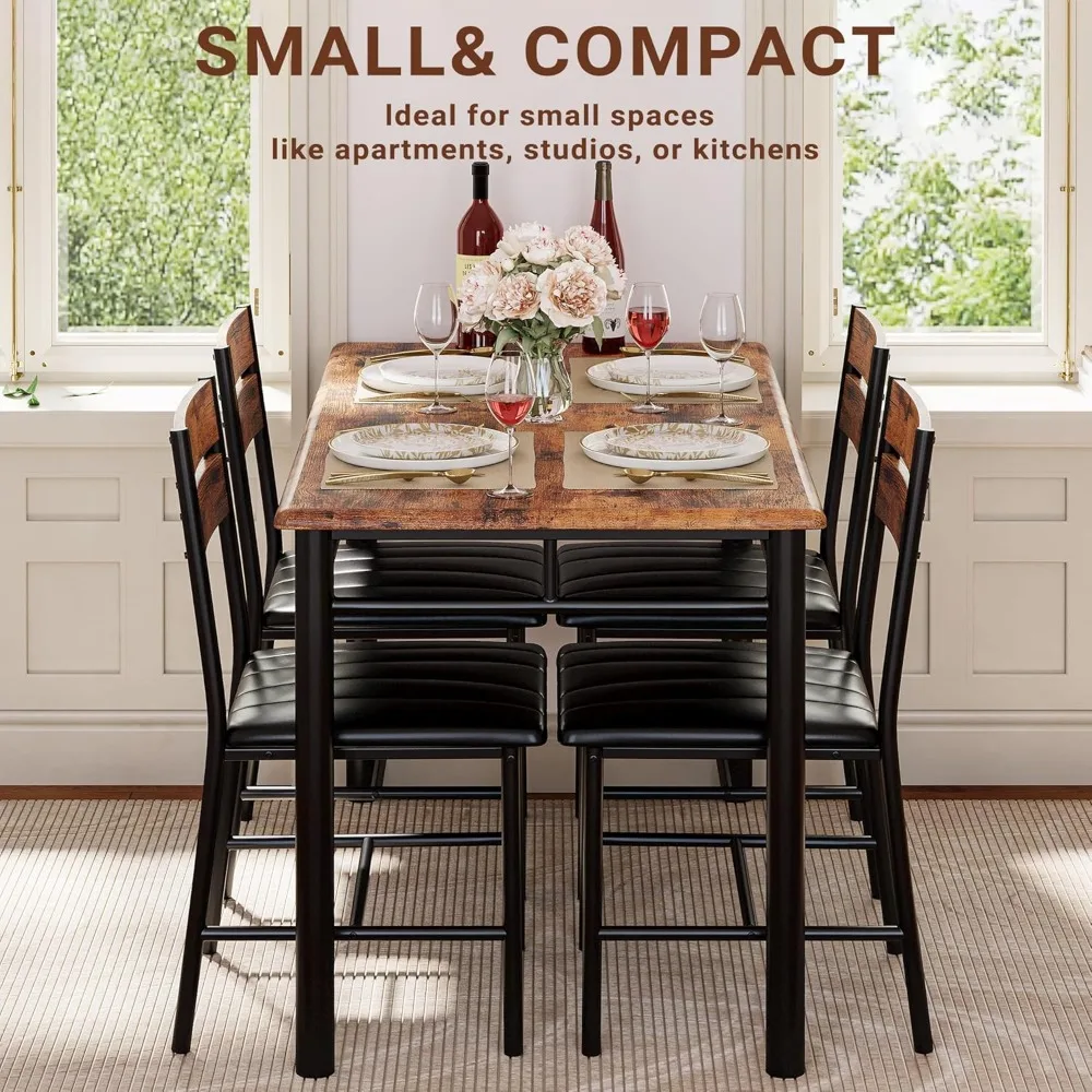 Dining Table Set for 4, Wood Kitchen Table with Upholstered Chairs Dinning Table Set for Kitchen & Dining Room, Compact Dining