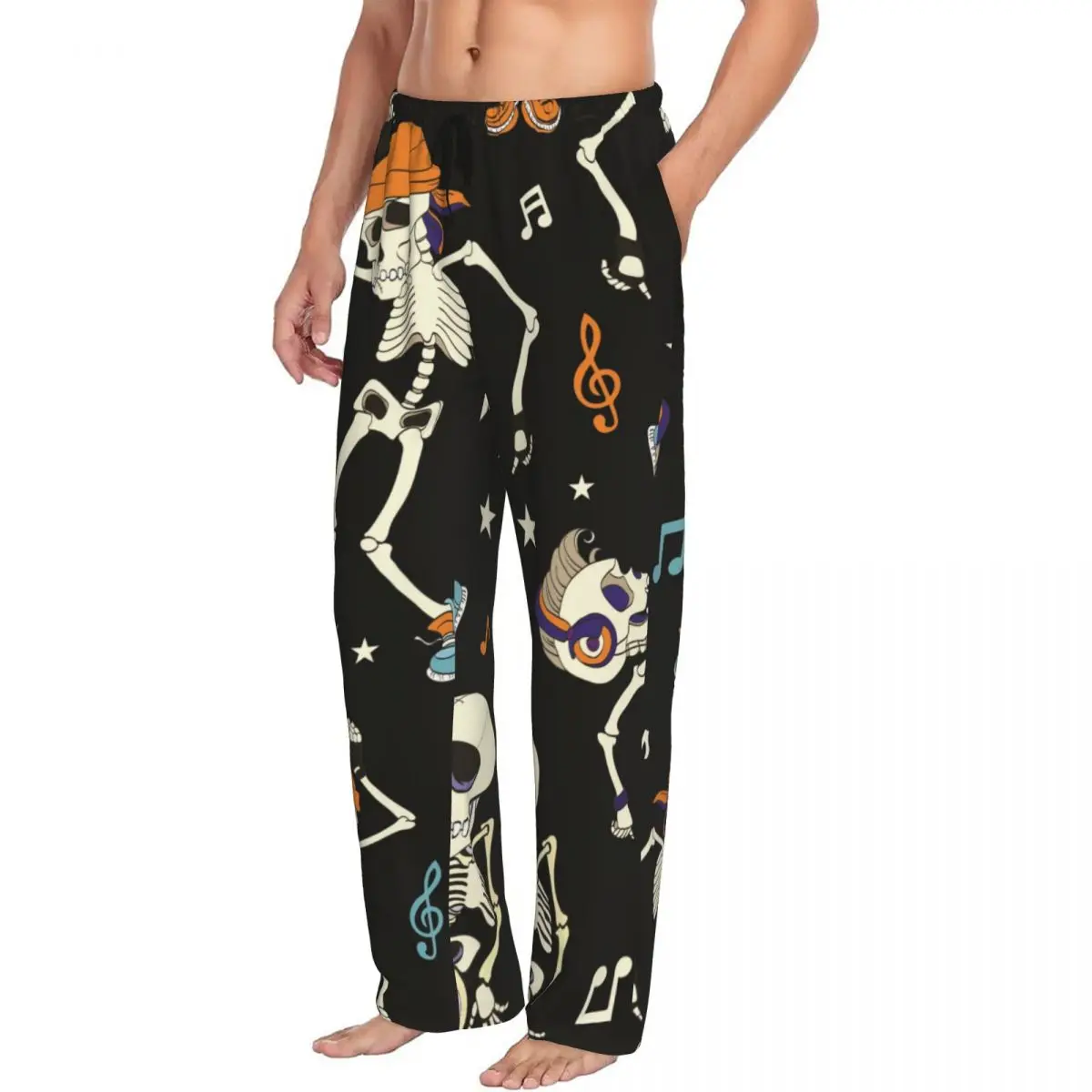 Custom Printed Men's Pajama Pants Dancing Skeletons Headphones Sleepwear Sleep Lounge Bottoms with Pockets