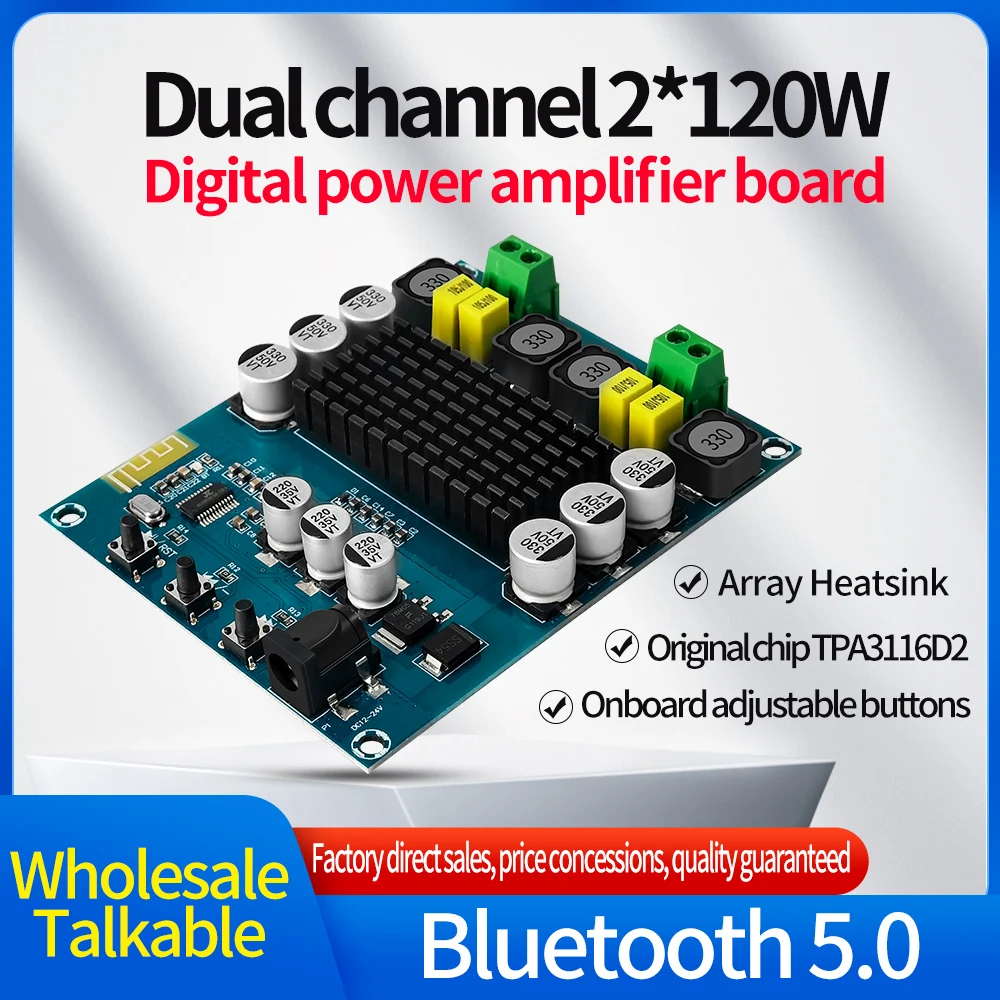 2x120W TPA3116D2 bluetooth 5.0 High Power 2.0 Digital Professional with Tuning Home Power Amplifier Board DC 12-24V