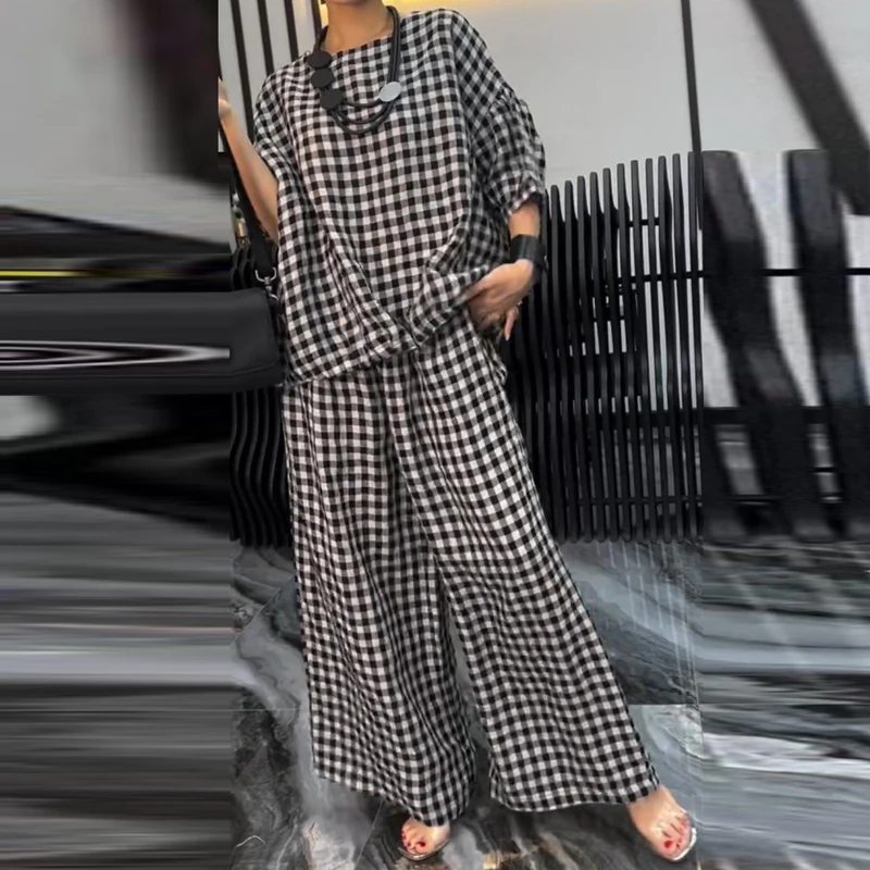 Spring Half Sleeve Sets for Women 2 Pieces O-neck Back Drawstring Top Pullover Wide-leg Pants Suit Fall Houndstooth Print Outfit