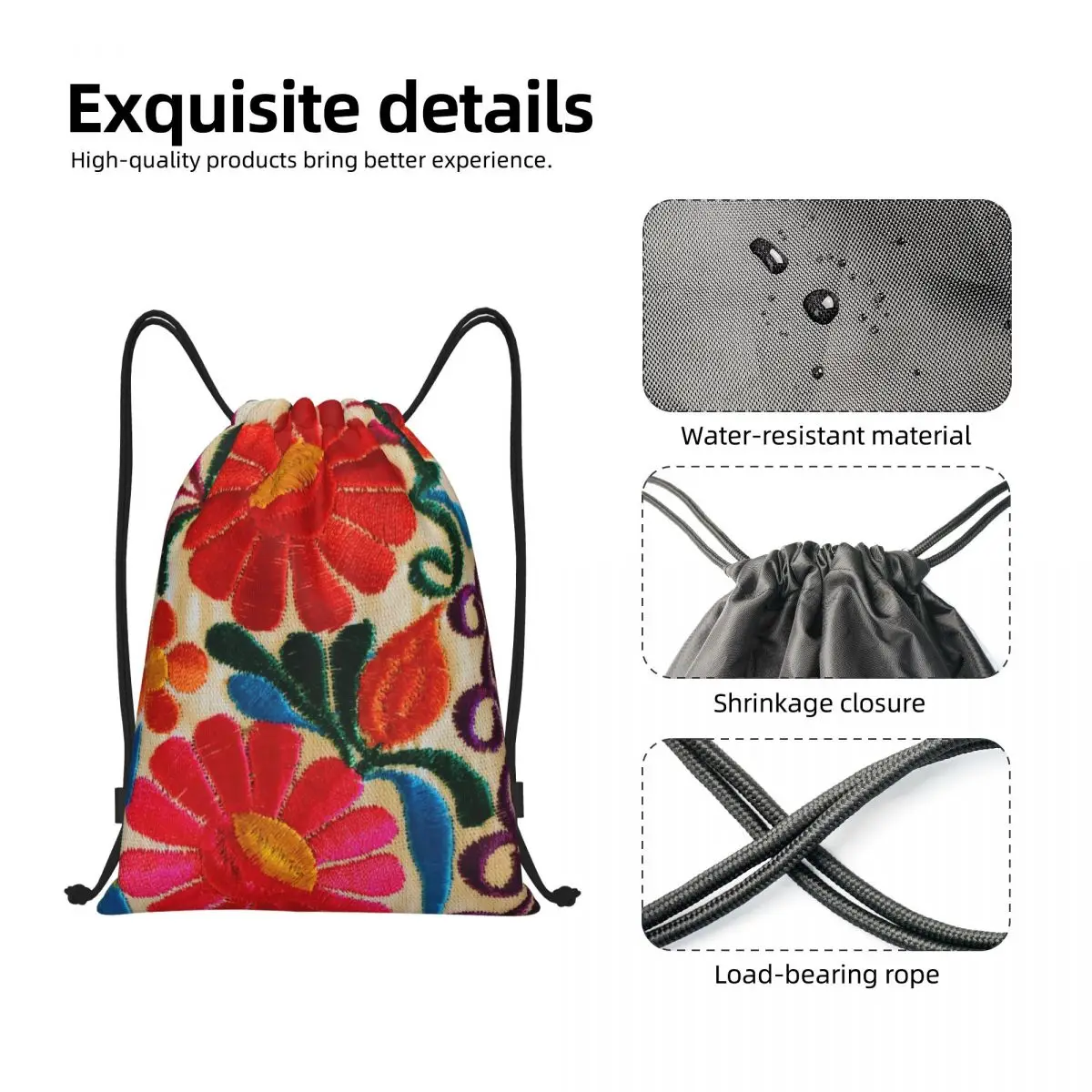 Custom Mexican Flower Embroidery Art Drawstring Backpack Bags Lightweight Textile Floral Folk Gym Sports Sackpack Sacks for Yoga