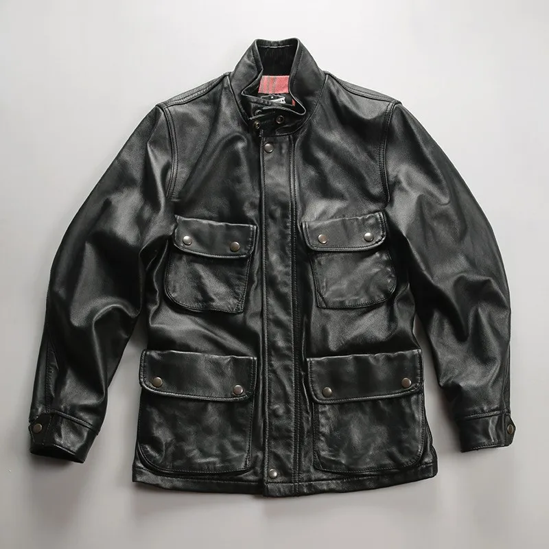 

Men's leather with a stand-up collar and multiple pockets