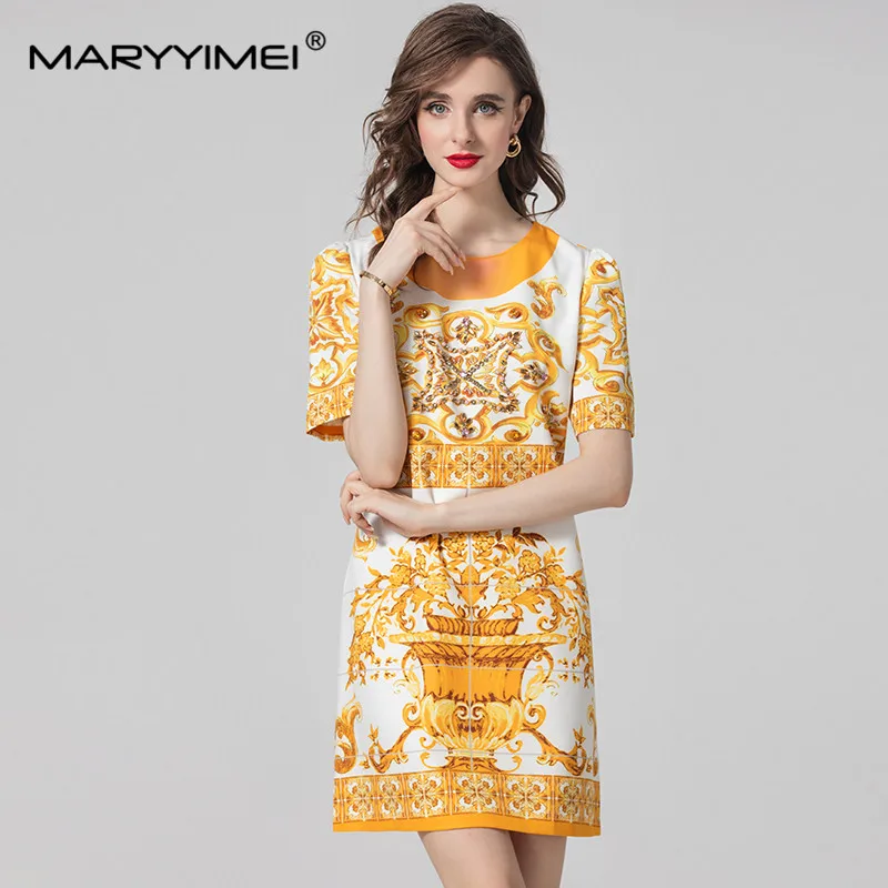 

MARYYIMEI Spring Summer Fashion Design Women Short Sleeved Round Neck Printed Beading Crystal Streetwear Elegant Mini Dresses