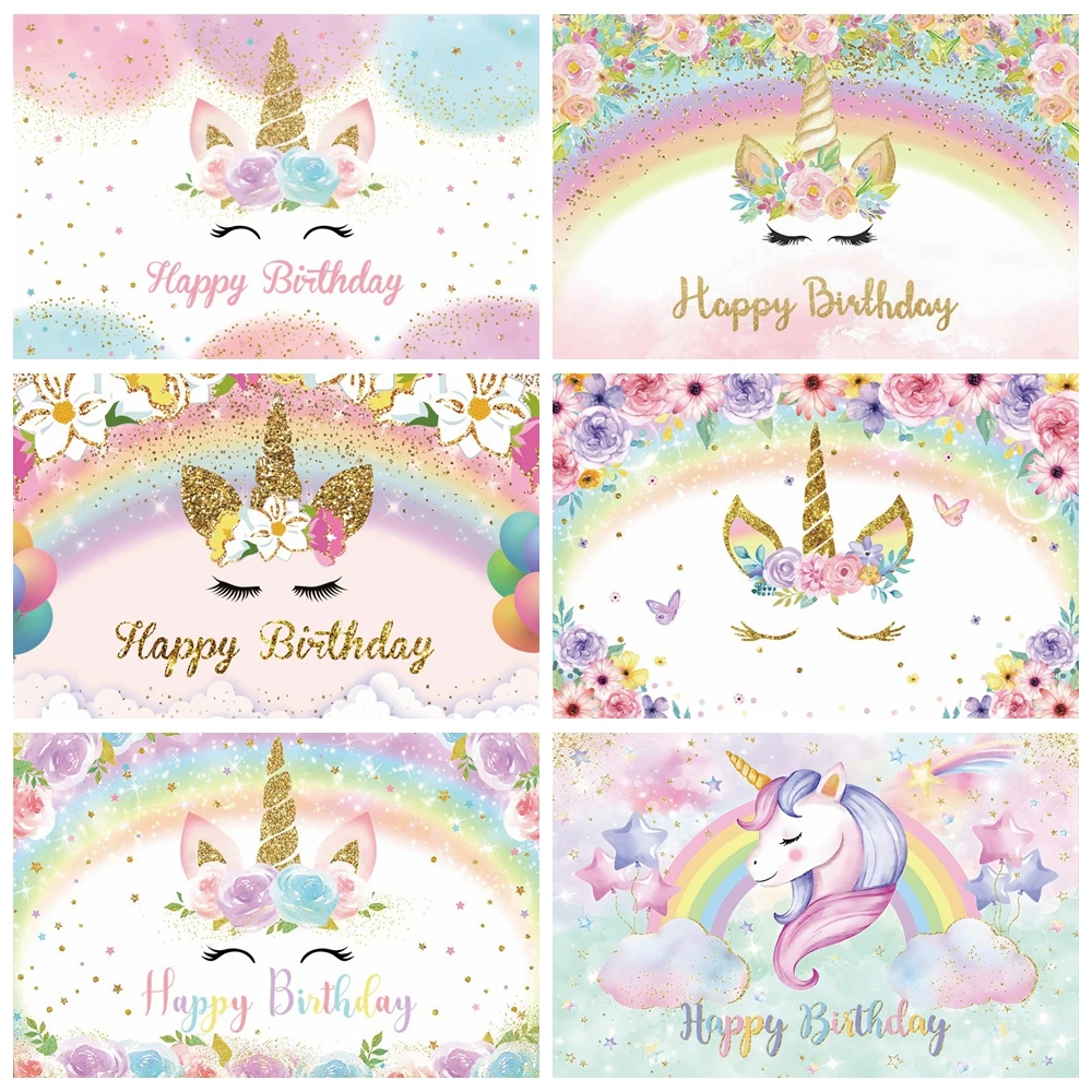 Rainbow Unicorn Backdrop Girl Birthday Party Floral Glitter Star Flower Unicorn Newborn Baby Shower Photography Background Decor