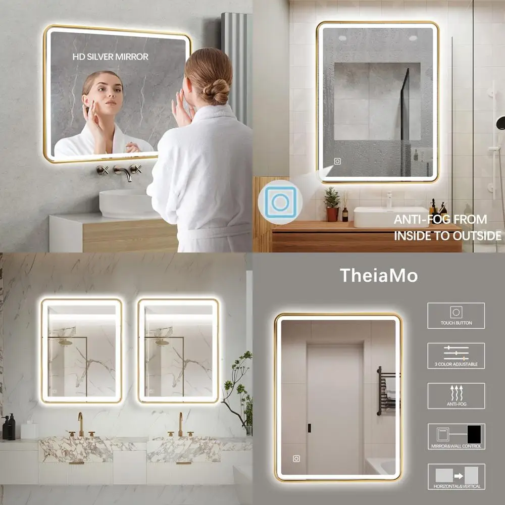 

36x28 Rectangular LED Vanity Mirror with Anti-Fog & 3-Color Light, Gold Frame
