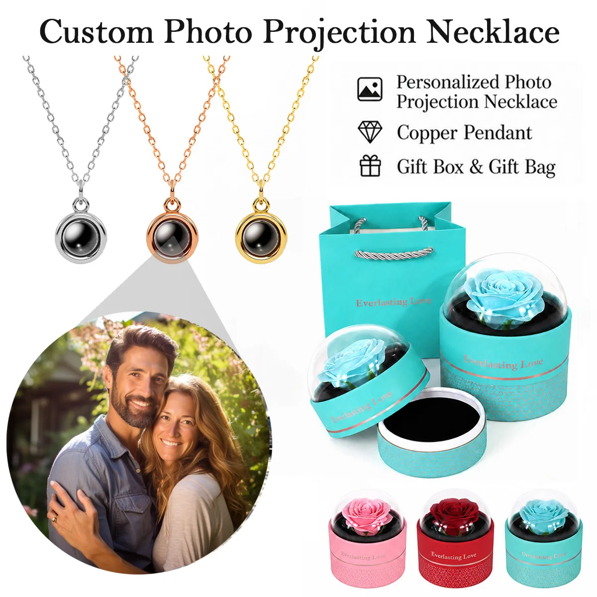 Custom Photo Projection Round Necklace Rose Gift Box Set Stainless Steel Chain Valentine's Christmas Anniversary For Women Mom