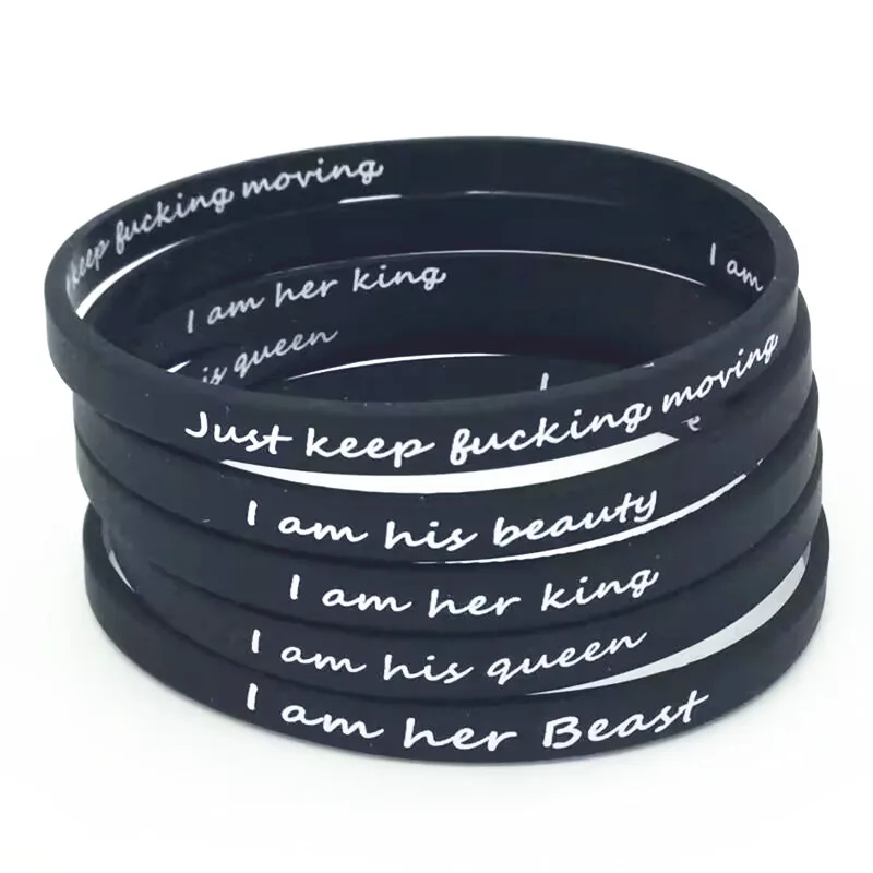 1pc/5pcs Just keep moving his beauty her king his queen her beast lovers matching couple rubber bracelet silicone wristband