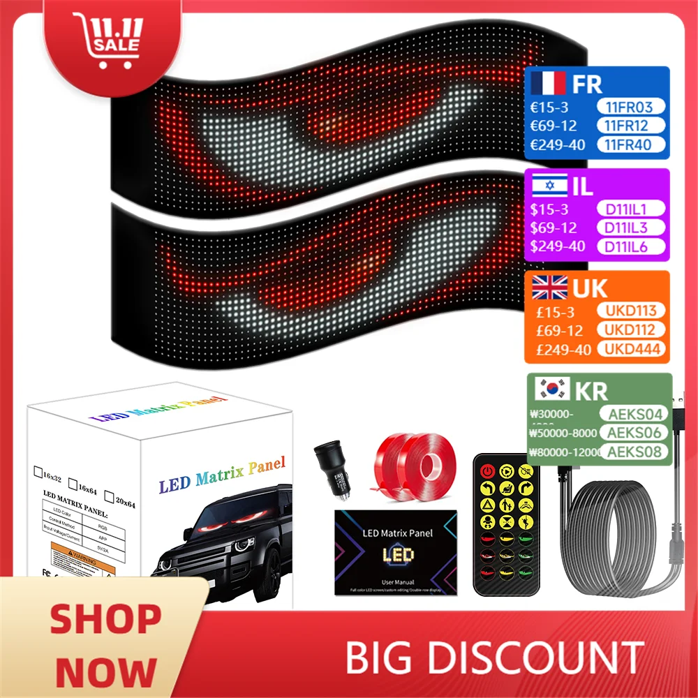 

Car Truck Devil's Eye Light LED Matrix Pixel Panel Car Ambient Light Soft Foldable Remote Control For Board Windshield 348x102mm
